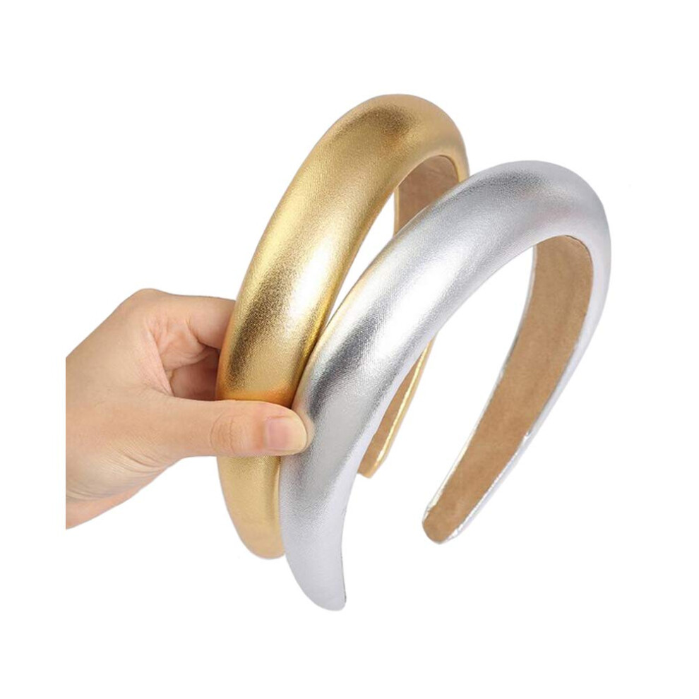 Vantobest Diademas Acolchadas De Cuero Vintage, 2 Unidades, Con Esponja, De Ala Ancha, Accesorios Para El Cabello, Para Mujeres, Ni As, Doradas Y-image