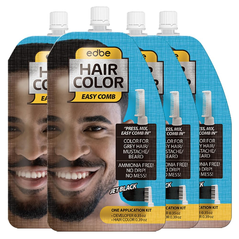 Edbe Hair Color Easy Comb Jet Black (lot de 4)     Coloration pour cheveux gris, moustache et barbe pour homme avec un seul kit d'application