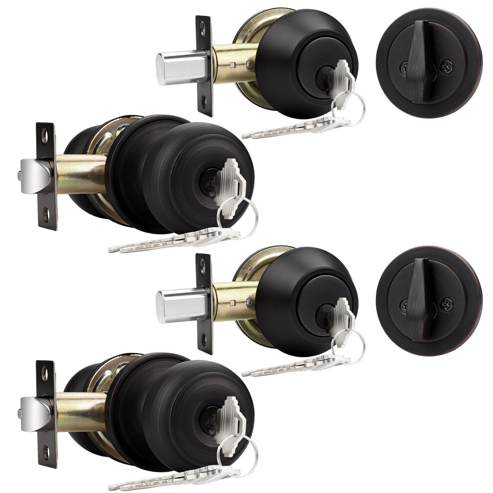 Probrico Front Door Entry Handles Lockset And Single Cylinder Deadbolt Combination Set Oil-Rubbed Bronze (2 Pack) Keyed Alike 6941154050364