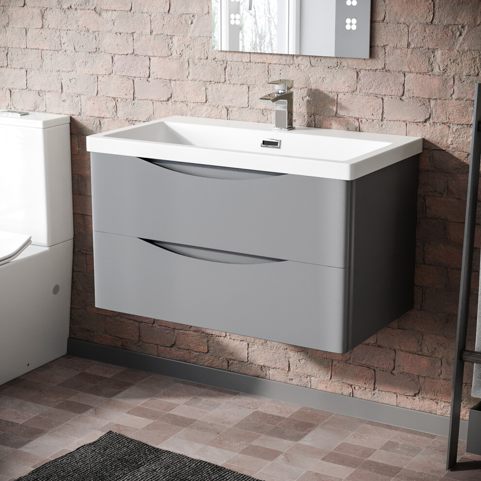 Nes Home Merton Matte Grey 800Mm Wall Hung Drawer & Resin White Basin Sink Vanity Unit White,Grey