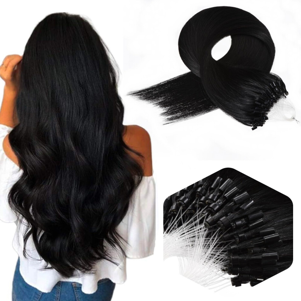 Jinyisong Micro Link Hair Extensions Human Hair Remy Virgin Micro Ring Human Hair Extension 0.5G/Strand 50G Natural Microloop Extensions 100Strands (14 Inch #1