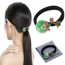 Vintage Chinese Natural Jade Gemstone Hair Tie Retro Hair Accessories for Women Flower Hair Elastic Rope Emerald Pearl Ponytail Holder Green Chal