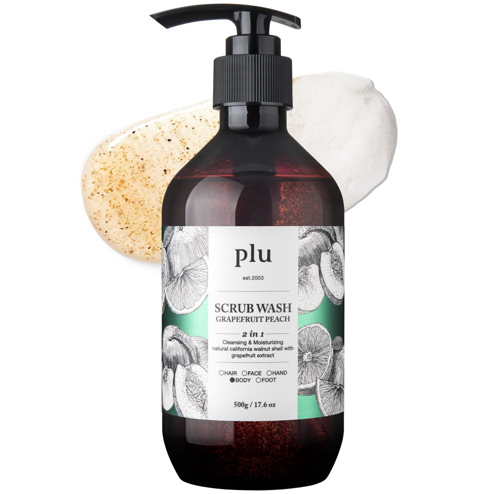 Plu Scrub Body Wash Grapefruit Peach - Korean Exfoliating Body Cleanser - Hydrating, Nourishing, Radiant Glow Skin - Sweet And Tangy Grapefruit Peach