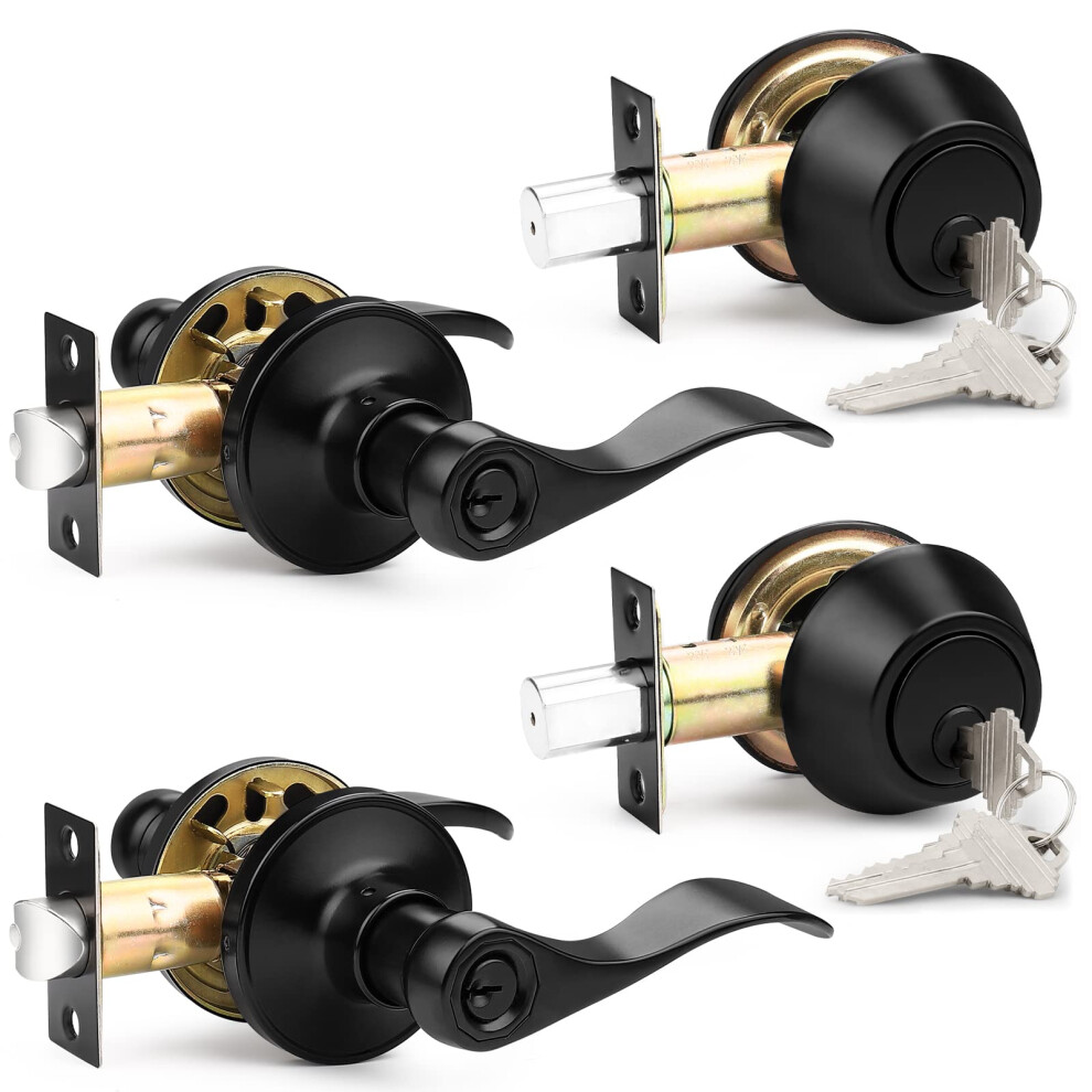 Probrico Entrance Lever Door Handle Reversible For Right And Left Side Double Cylinder Deadbolt Set Flat Black Finish Keyed Alike Combo 2 Pack 6941154056731