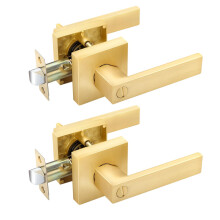 EHOMEWARE 2 Pack Gold Door Handles  Privacy Door Levers Bed and Bath Leverset Lockset  Satin Brass Finish  Universal Handing with Square Door Knobs