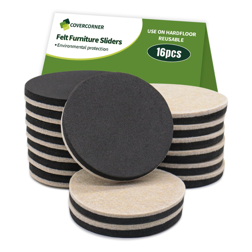 Covercorner Furniture Sliders For Hardwood Floors 16 Pcs - 3 1/2 Inch Sliders For Moving Furniture - Felt Furniture Pads For Hardwood Floors 798062453017