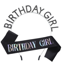MGJSRNH Birthday Party Gift for Girls Black Satin Silver Multicolour Iridescence Glitter Sash Decorations Supplies Rhinestone Crowns Birthday Girl Hea