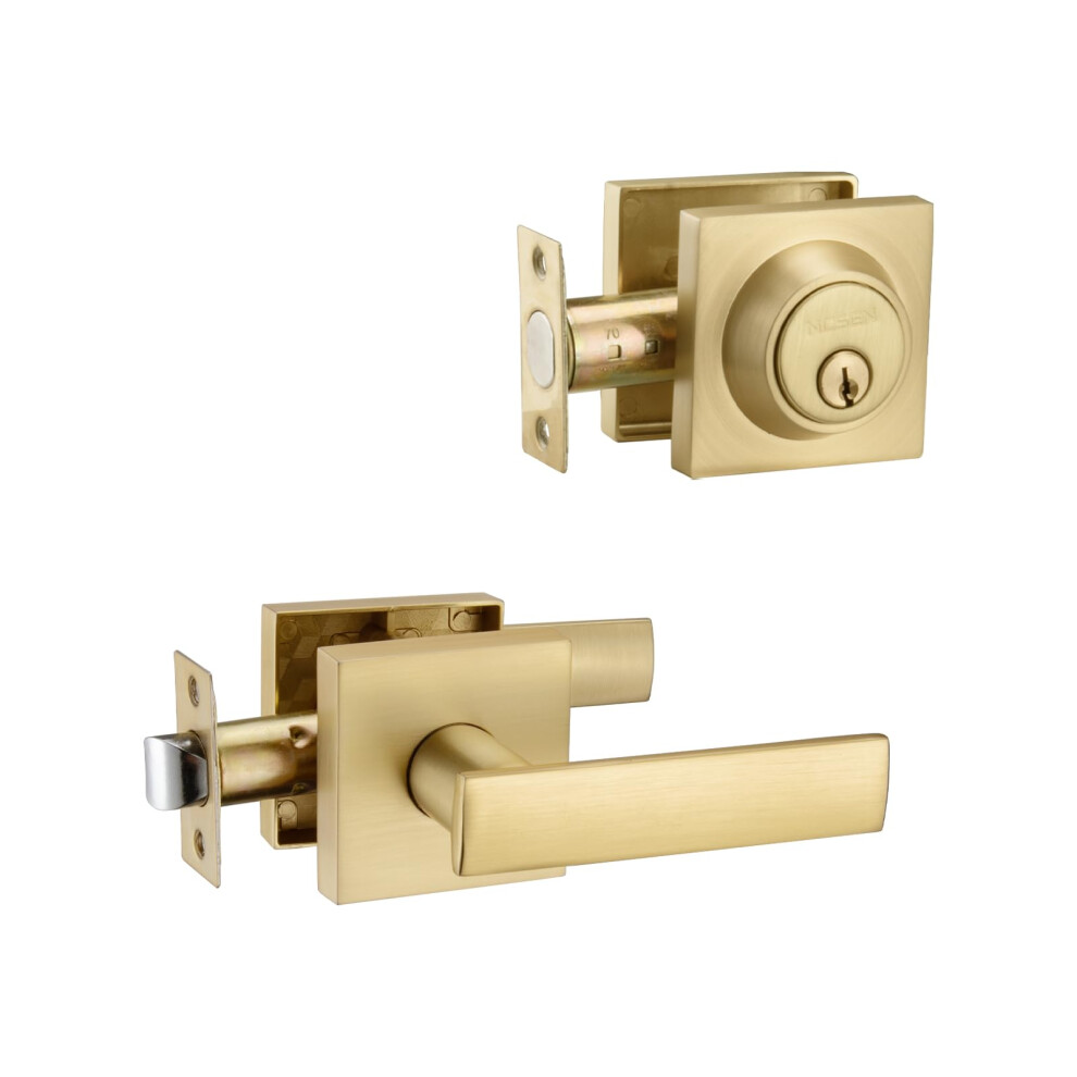 Ncsen Front Door Locksets With Single Cylinder Deadbolt Heavy Duty Door Handles Square Exterior Door Lever Combination Set(Satin Brass) 792105609874