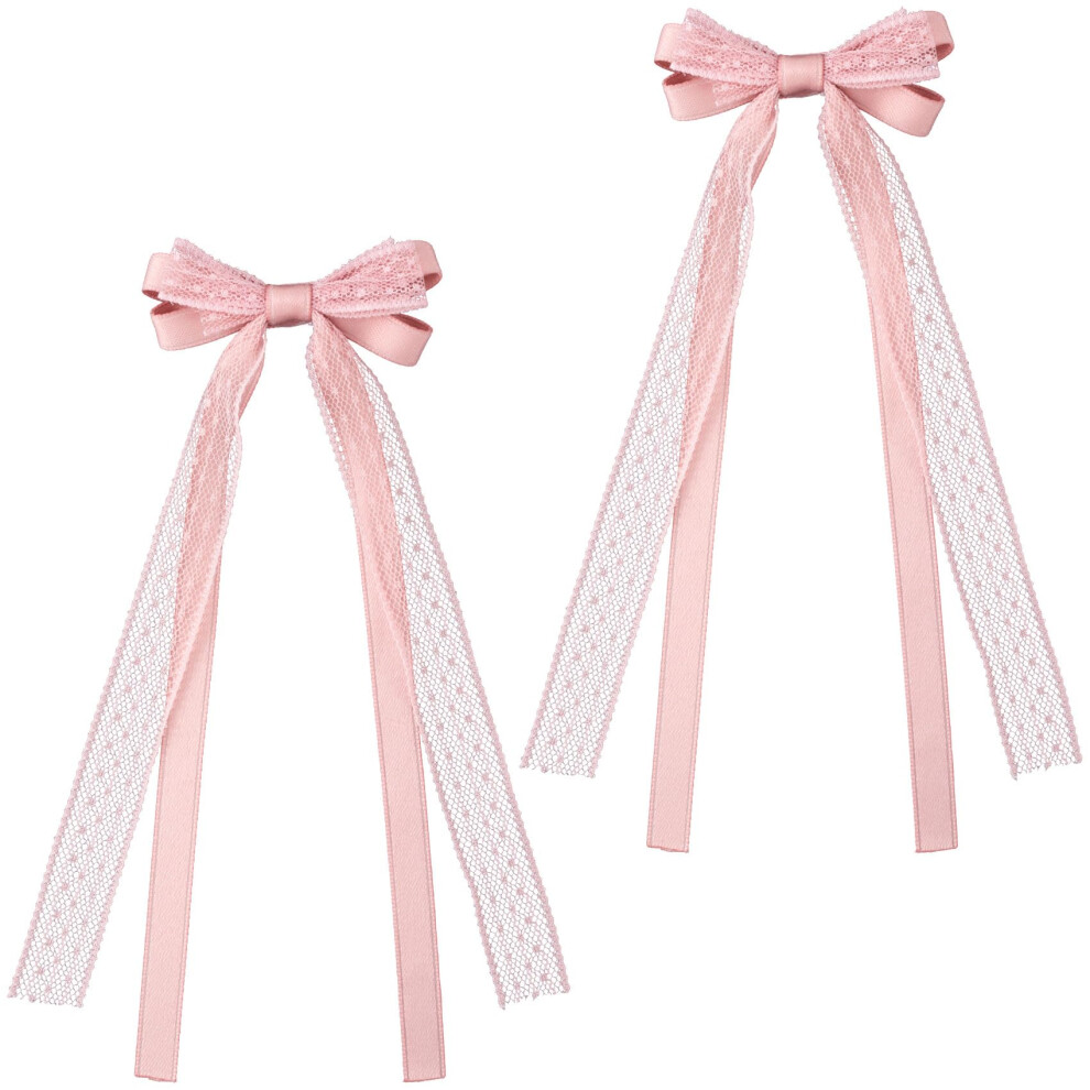 Customylife 2 Pezzi Fiocchi Per Capelli In Pizzo Rosa, Graziosi Fermagli Per Capelli Con Fiocco A Coda Lunga, Fermagli Per Capelli Con Fiocco Per-image