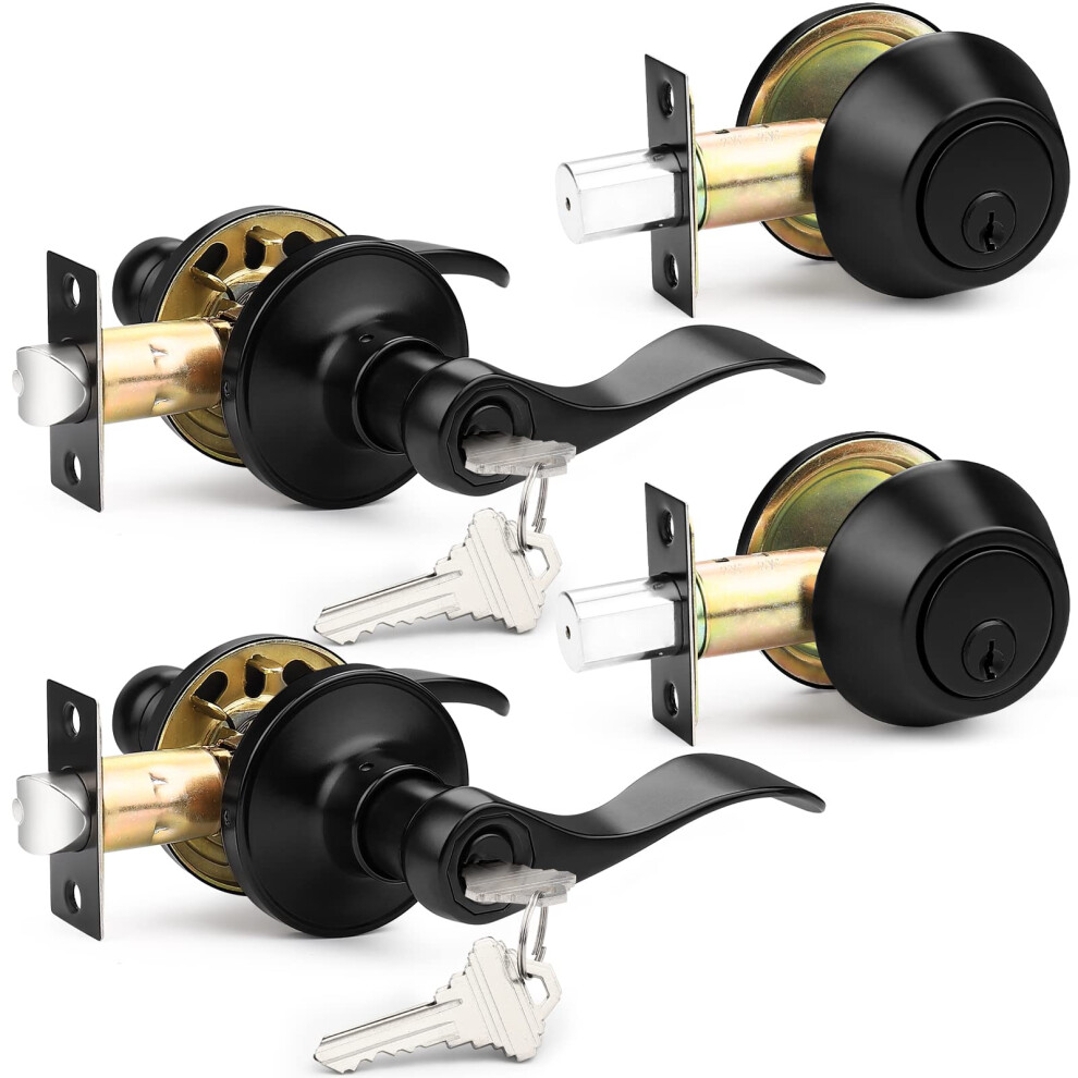 Probrico Front Door Entry Lever Lockset Single Cylinder Deadbolt Combination Set Flat Black Finish Keyed Alike Combo Reversible For Right And Left 6941154056809