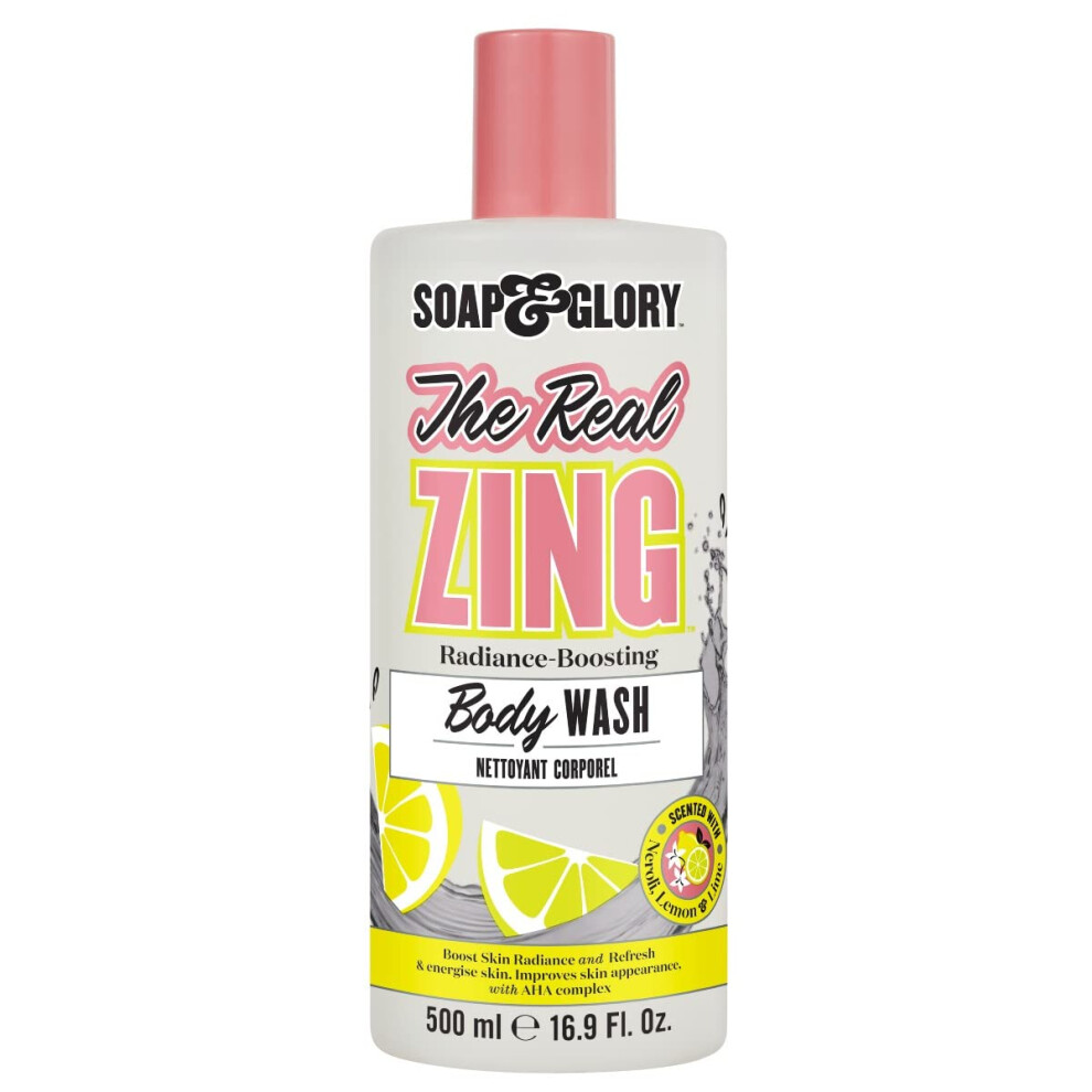 Soap & Glory The Real Zing Radiance Boosting Body Wash - Hydrating Body Wash with AHAs - Citrus Scented Moisturizing Body Wash for a Healthy Glow (500