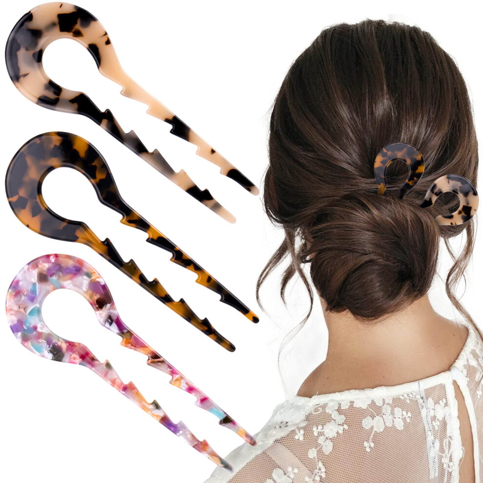 5,1 Pollici 3 Pezzi Bastoncini Per Capelli Francesi In Acetato Pagow A Forma Di U Fermagli Per Capelli Francesi In Acetato Di Cellulosa Vintage C-image