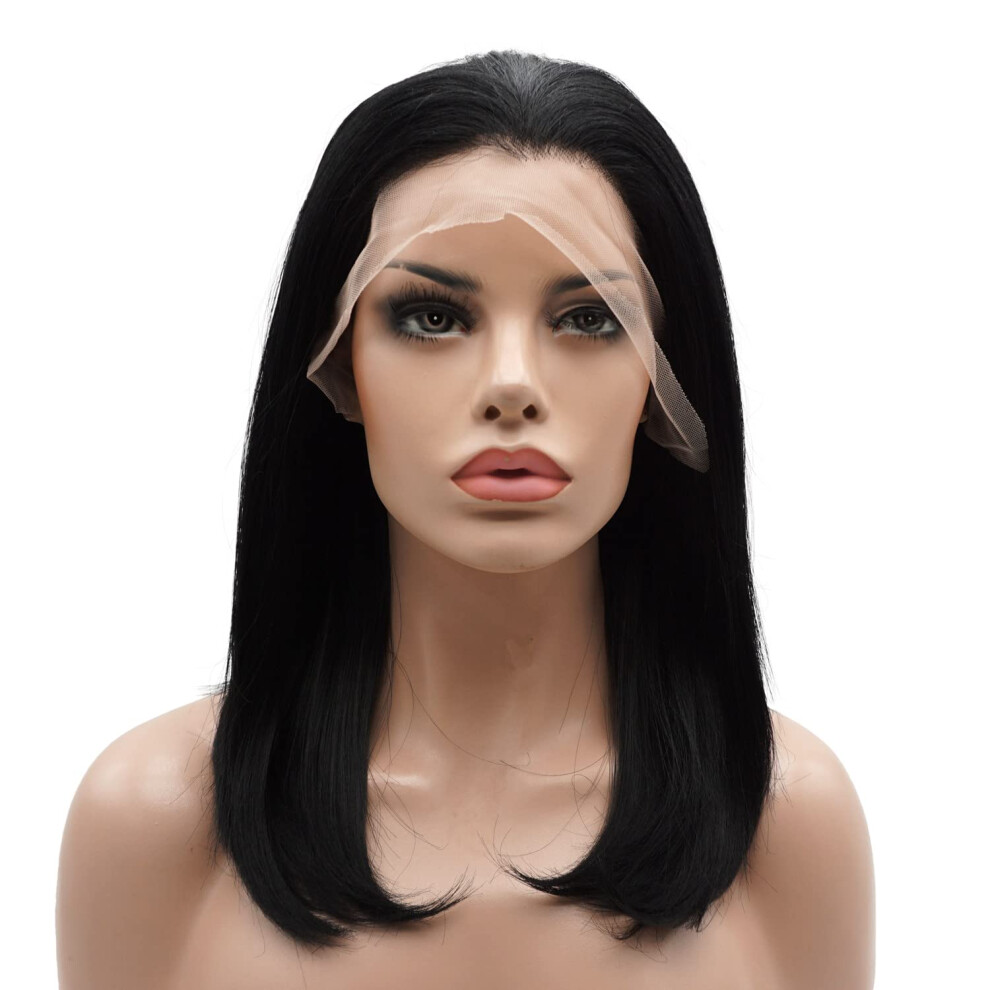 Lushy Wino Unisex Black Lushy Hair Synthetic Lace Front Wig Straight Medium Length 14Inch Wig Heavy Density Heat Resistant Realistic Wig
