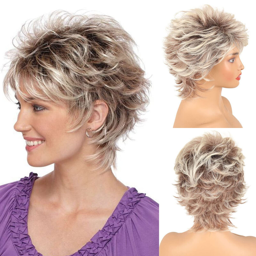 Leosa Unisex White,Brown Short Blonde Pixie Cut Wigs With Bangs For White Women Brown Ombre Blonde Wig Synthetic Wavy Curly Hair Wigs Mixed Brown Wigs Layered Natural Fl