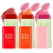 3 Colors Blush Stick with Makeup Sponges Matte Solid Cream Blush Multi-Use Blush Stick for Cheeks Lips and Eye High Pigmented Blush Makeup Stick Set