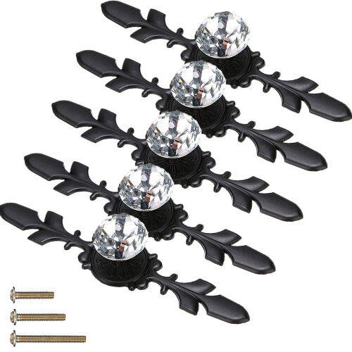 ESreake Drawer Dresser Knobs Pull Handles Large Size Black Diamond Clear Crystal Glass Decorative Knobs with Plate Cabinet Cupboard Door Knobs with S