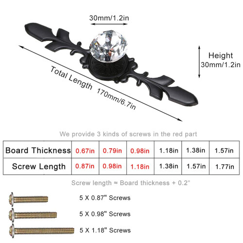 ESreake Drawer Dresser Knobs Pull Handles Large Size Black Diamond Clear Crystal Glass Decorative Knobs with Plate Cabinet Cupboard Door Knobs with S 1