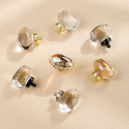CLCTK 8 Pack Glass Cabinet Knobs and Pulls  Oval Crystal Knobs for Dresser Drawers  Satin Brass/Gold Kitchen Cabinet Knobs Egg Shape 1