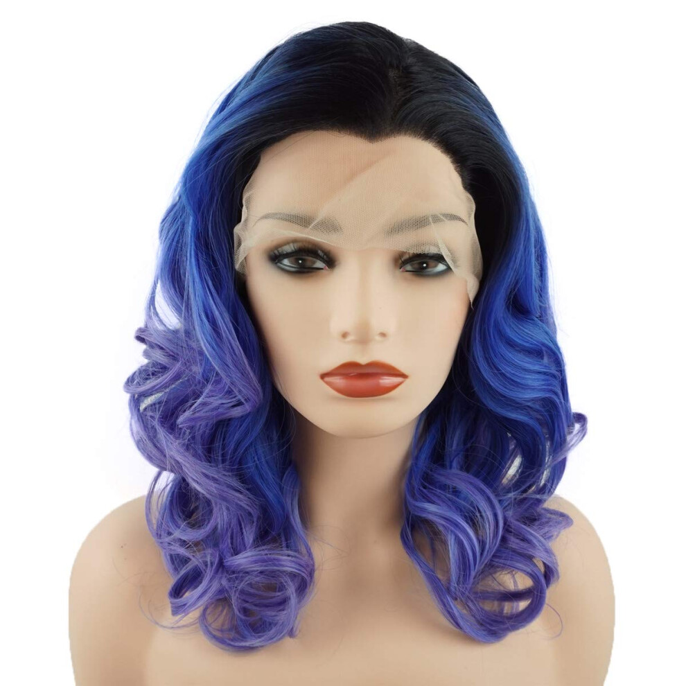 Meiyite Unisex Blue,Purple Hair Wavy Shoulder Length 16Inch Dark Root Blue And Purple Mix Heavy Density Realistic Synthetic Lace Front Wig