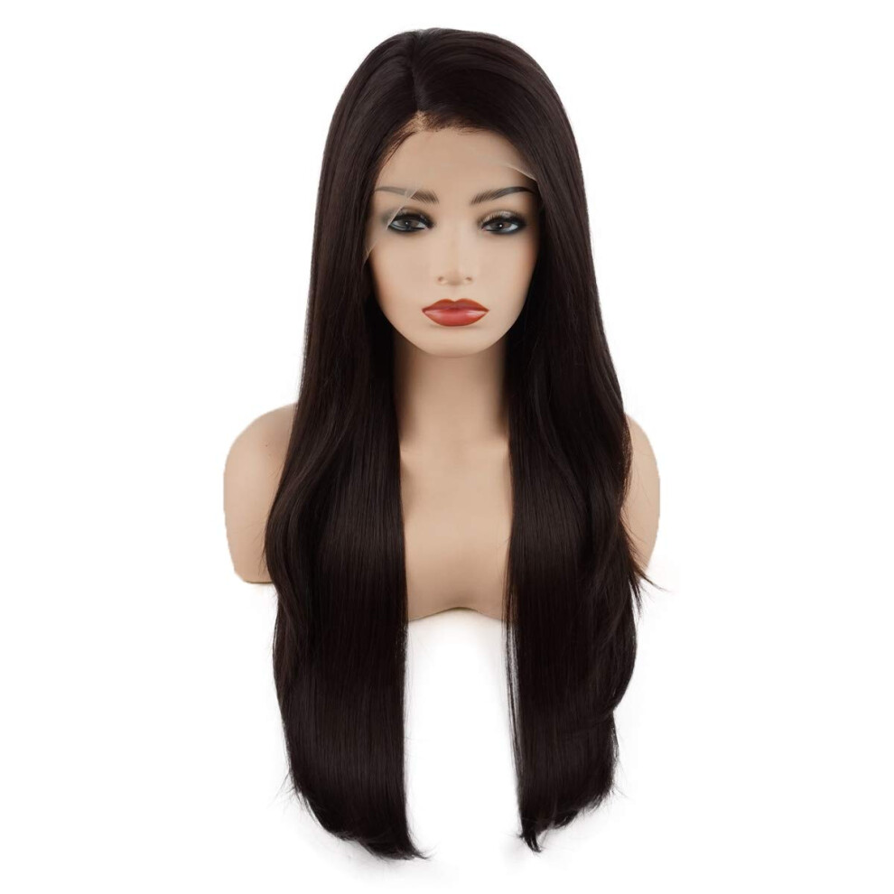 Meiyite Unisex Red Hair Straight Long 24Inch Dark Auburn Heavy Density Realistic Heat Resistant Synthetic Lace Front Wig