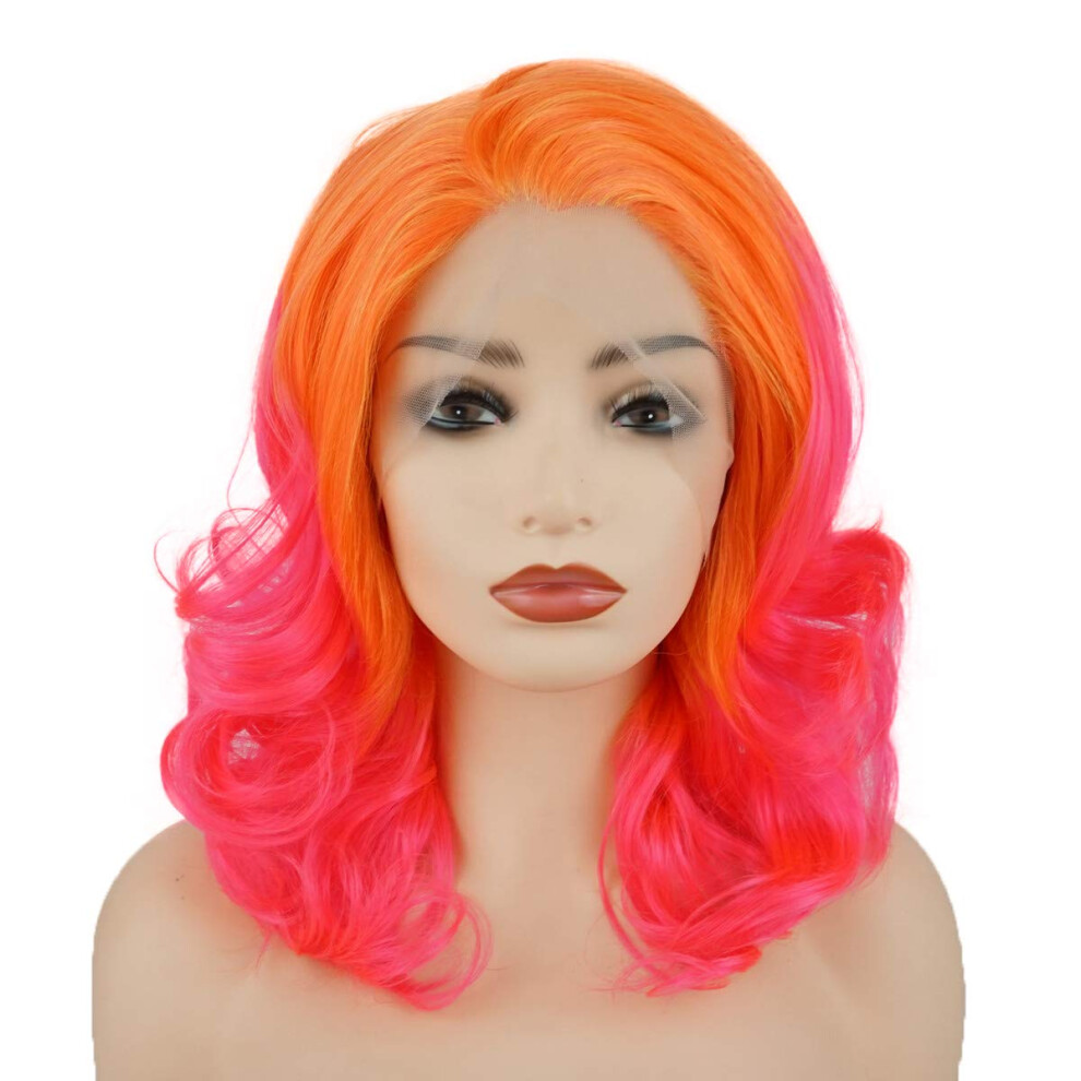 Meiyite Unisex Red,Yellow Hair Wavy Shoulder Length 16Inch Yellow Root Rose Red Ombre Half Hand Tied Heavy Density Heat Friendly Realistic Synthetic Lace Front Wig