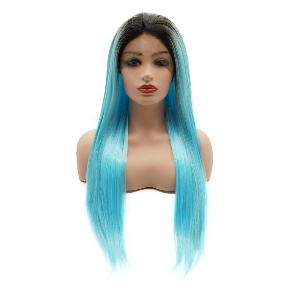 Meiyite Unisex Blue Hair Synthetic Lace Front Wig Straight Long 24In Dark Root Ombre Heavy Density Heat Resistant Realistic Wig