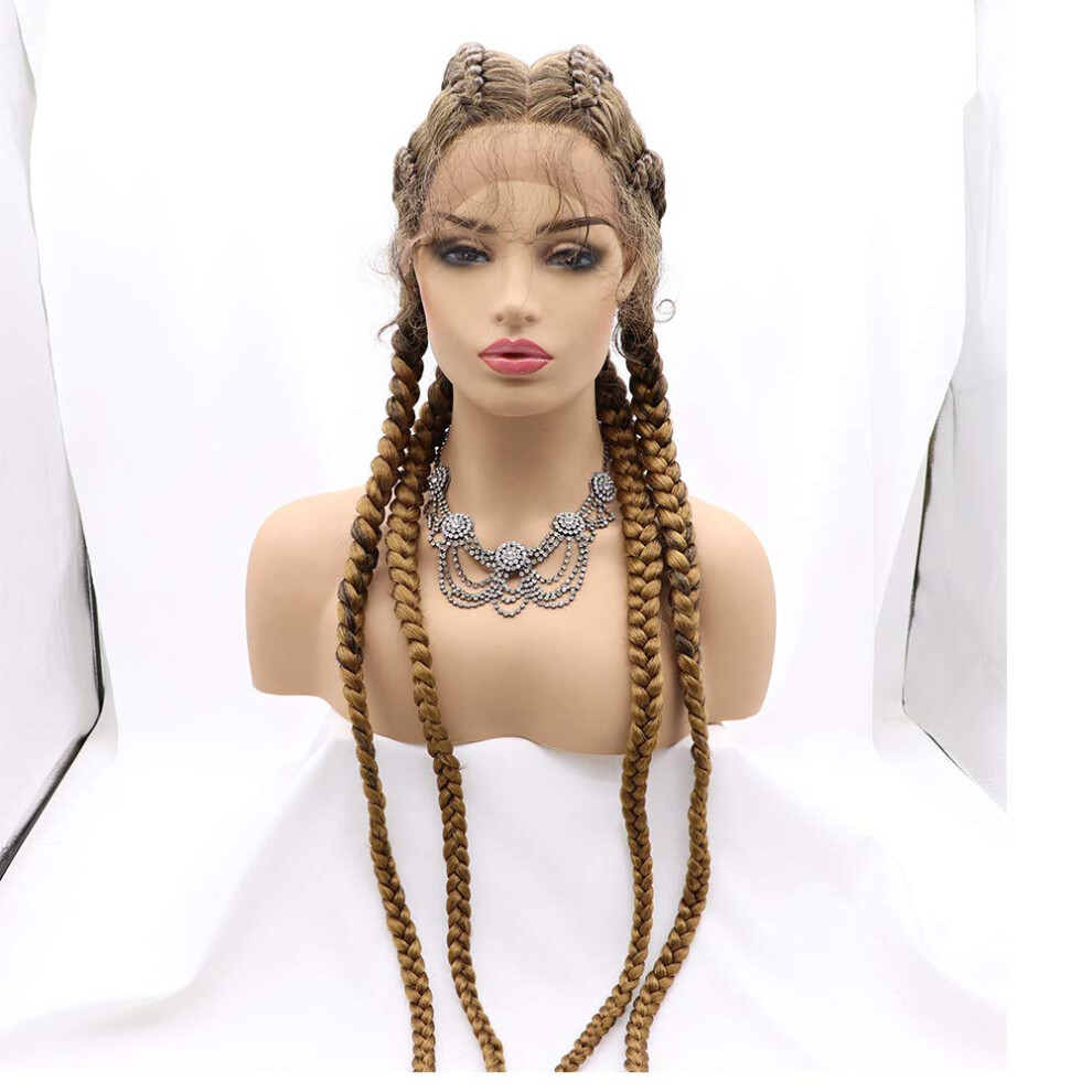 Sylvia 32 Inch Dark Golden Blonde Shiny Four Box Braids Ombre Long Braids Wig With Baby Hair Synthetic Lace Front Wigs With Four Braids Heat Resistant