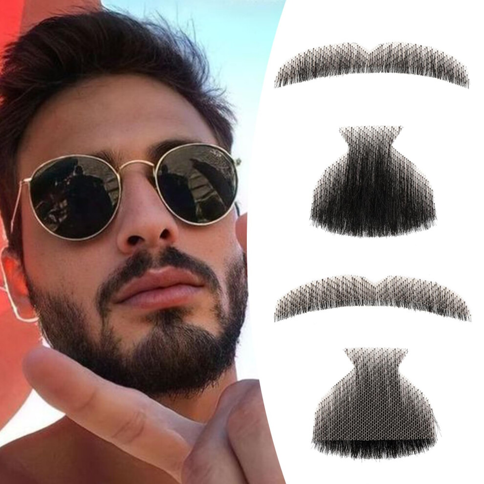 Wodelanle Fake Beard Realistic Mustache 100% Human Hair Full Hand Tied Facial Hair Black Fake Mustache Goatee Lace Invisible Fake Beards For Entertain