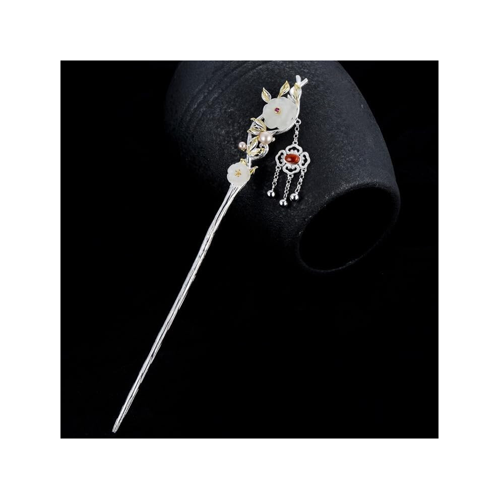 Rabithenn Unisex White,Silver,Purple Hotan Jade S925 Silver Hairpin With Pearl And Plum Blossom Chinese Hanfu Style Hair Sticks Retro Handmade Hair Clip Hair Accessories For Wom