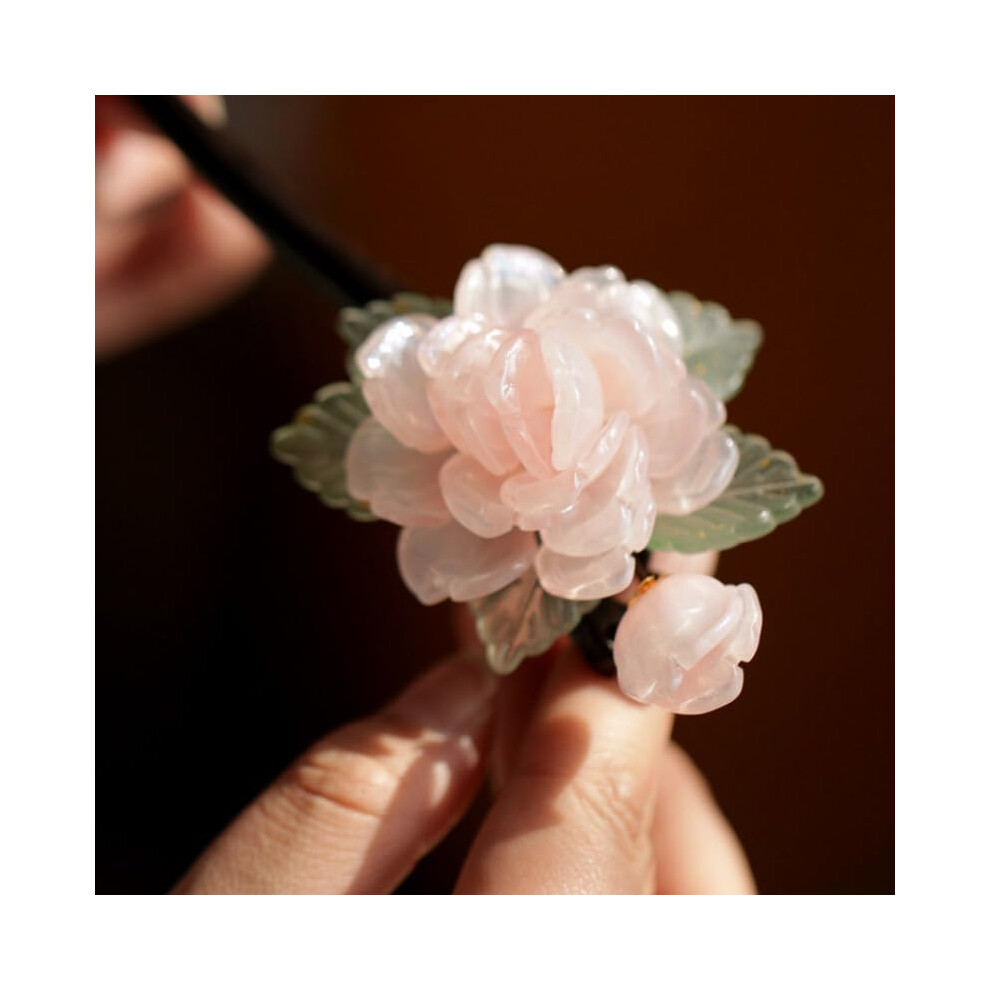 Rabithenn Unisex Black 1Pcs Late Spring Ebony Wood With Peony Flower Resin Chinese Hanfu Hairpin Chopsticks,Hair Clip Hair Pin Hair Accessories For Women Girls Long Ha