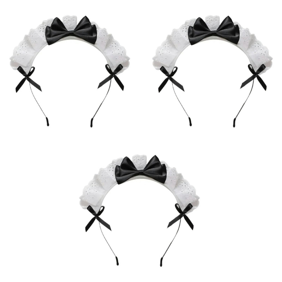 Juroicessry Unisex Black 3Pcs Women Girls For Lolita Headband Lace Bow Hair Band Maid Anime Cosplay Headwear Ribbon Bowknot Women's Fashion Headbands Cute Hair Band Part