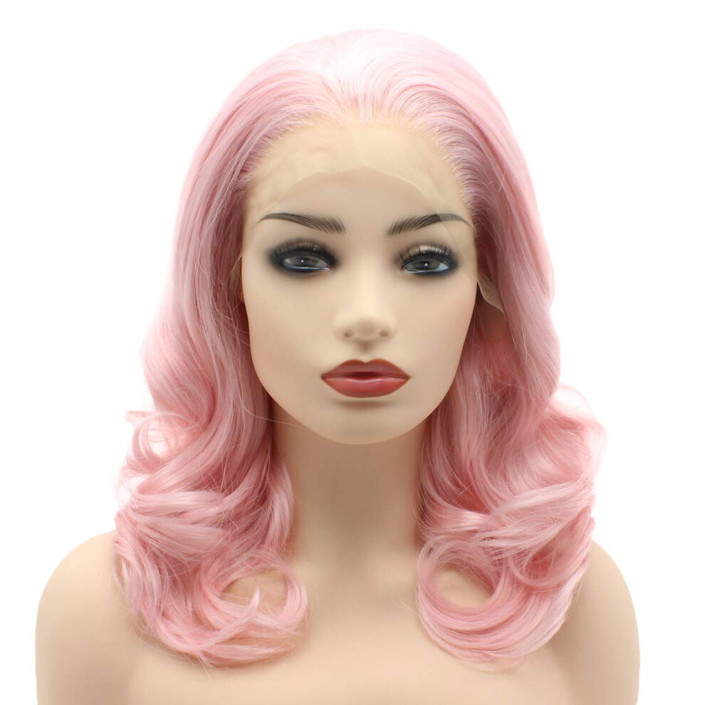 Meiyite Unisex Pink Hair Wavy Shoulder Length 16Inch Heavy Density Heat Friendly Synthetic Lace Front Wigs