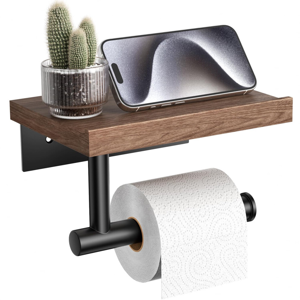 Porte-papier toilette Tindbea avec    tag   re en bois, support mural en bois, porte-rouleau de papier toilette, noir mat, acier inoxydable, accessoi