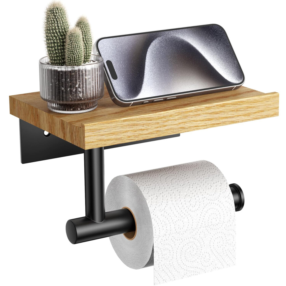 Porte-papier toilette Tindbea avec    tag   re en bois, support mural en bois, porte-rouleau de papier toilette, noir mat, acier inoxydable, accessoi