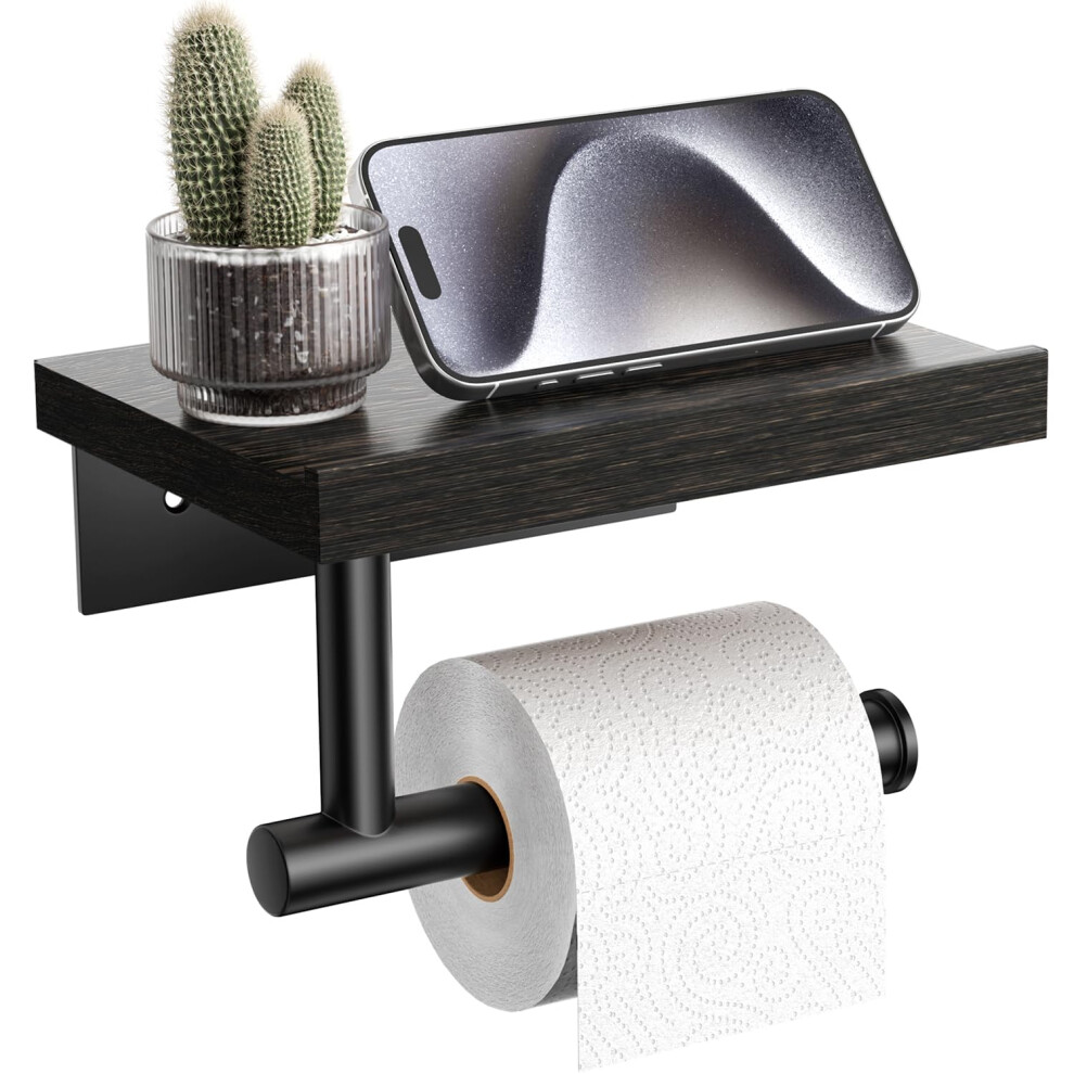 Porte-papier toilette Tindbea avec    tag   re en bois, support mural en bois, porte-rouleau de papier toilette, noir mat, acier inoxydable, accessoi