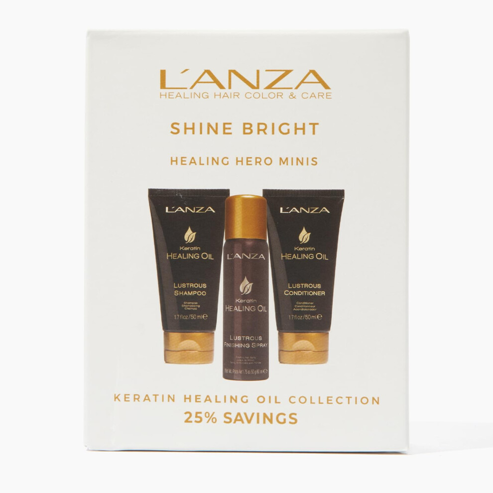 L'ANZA Keratin Healing Oil Mini Trio Hair Kit  Lustrous Keratin Shampoo  Conditioner & Finishing Hairspray in a Gift Box  Luxury Hair Care Kit for Dry