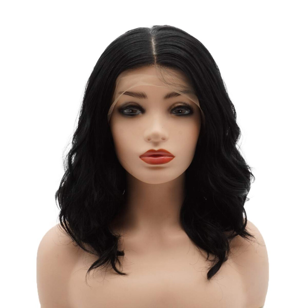 Meiyite Unisex Black Hair Curly Short 14Inch Wig Heavy Density Heat Resistant Realistic Synthetic Lace Front Wigs