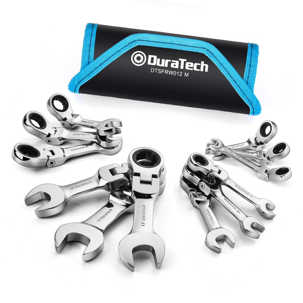 Duratech Stubby Flex-Head Ratcheting Combination Wrench Set Metric 12-Piece 8-19Mm Cr-V Steel With Pouch 6931213200816