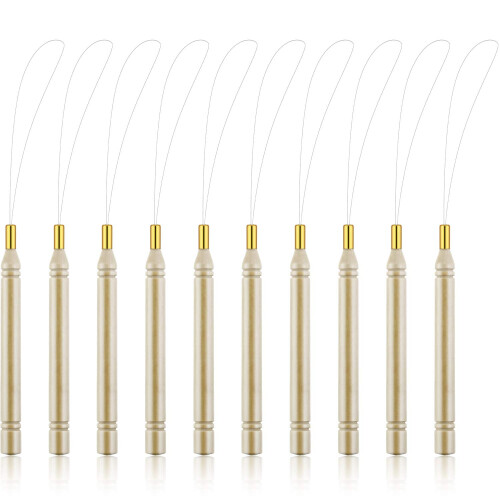 Chinco 10 Pack Wooden Hair Extension Loop Needle Threader Pulling Hook Tool and Bead Device Tool for Hair or Feather Extensions (Loop Tools)