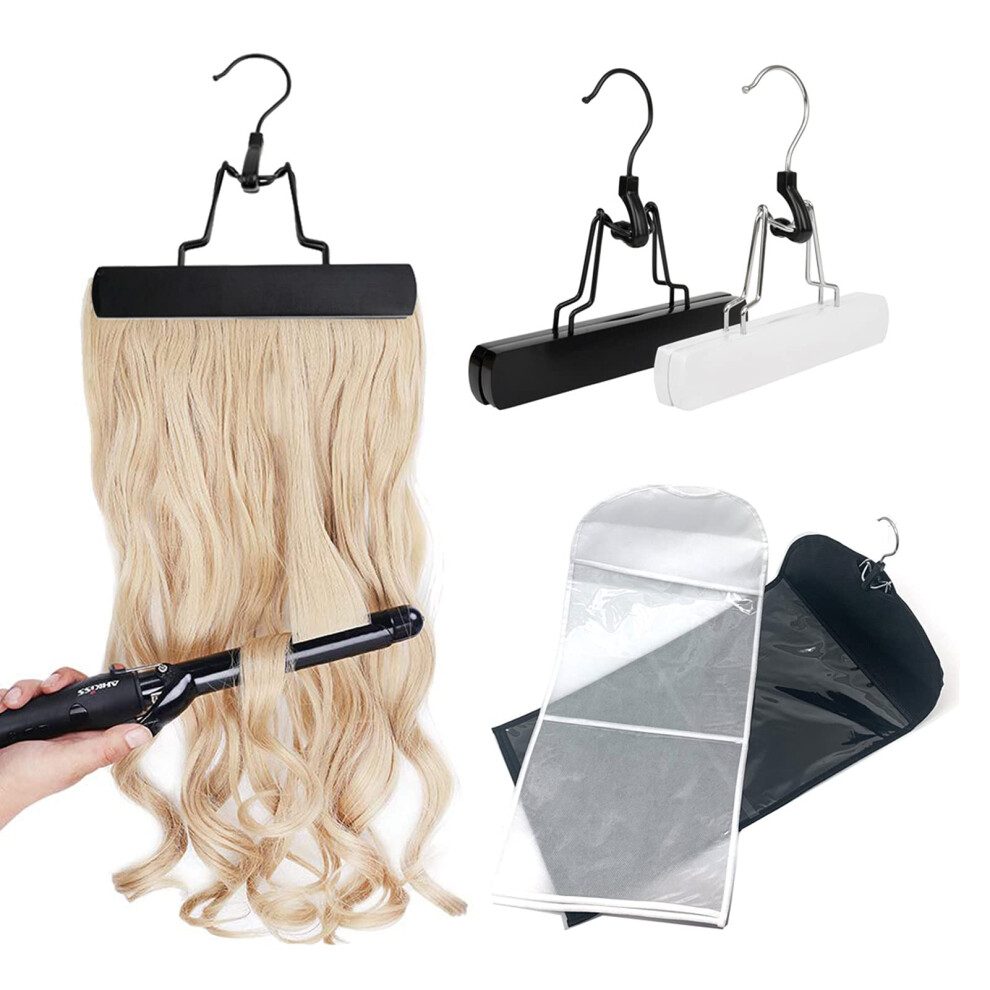 Koobay Hair Extensions Holder - 24"""" Extension Storage Bag With Wooden Hanger Portable Dust-Proof Waterproof Wig Hanger 2 Pcs Black & White