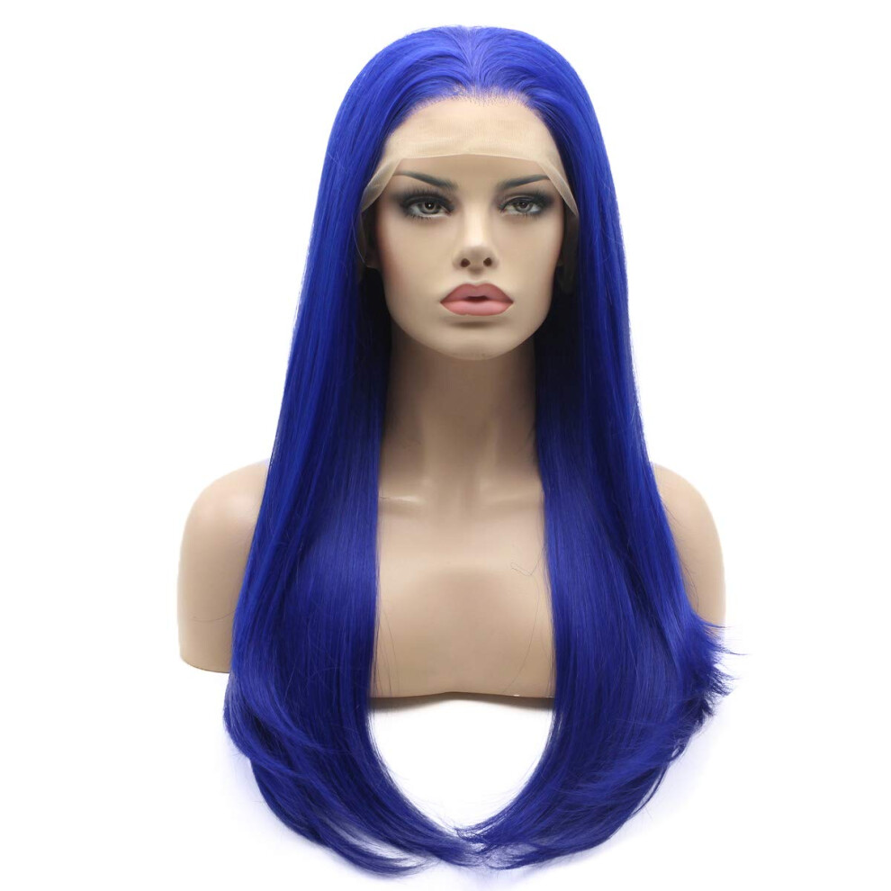 Lushy Wino Unisex Blue Lushy Hair Lace Front Synthetic Wig Straight Long 24Inch Wig Heat Resistant Heavy Density Realistic Wigs