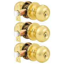 Probrico Entrance Door Knobs Door Lock Keyed Alike Lockset Polished Brass Same Key Round Ball Entry Door Knobs Pack of 3