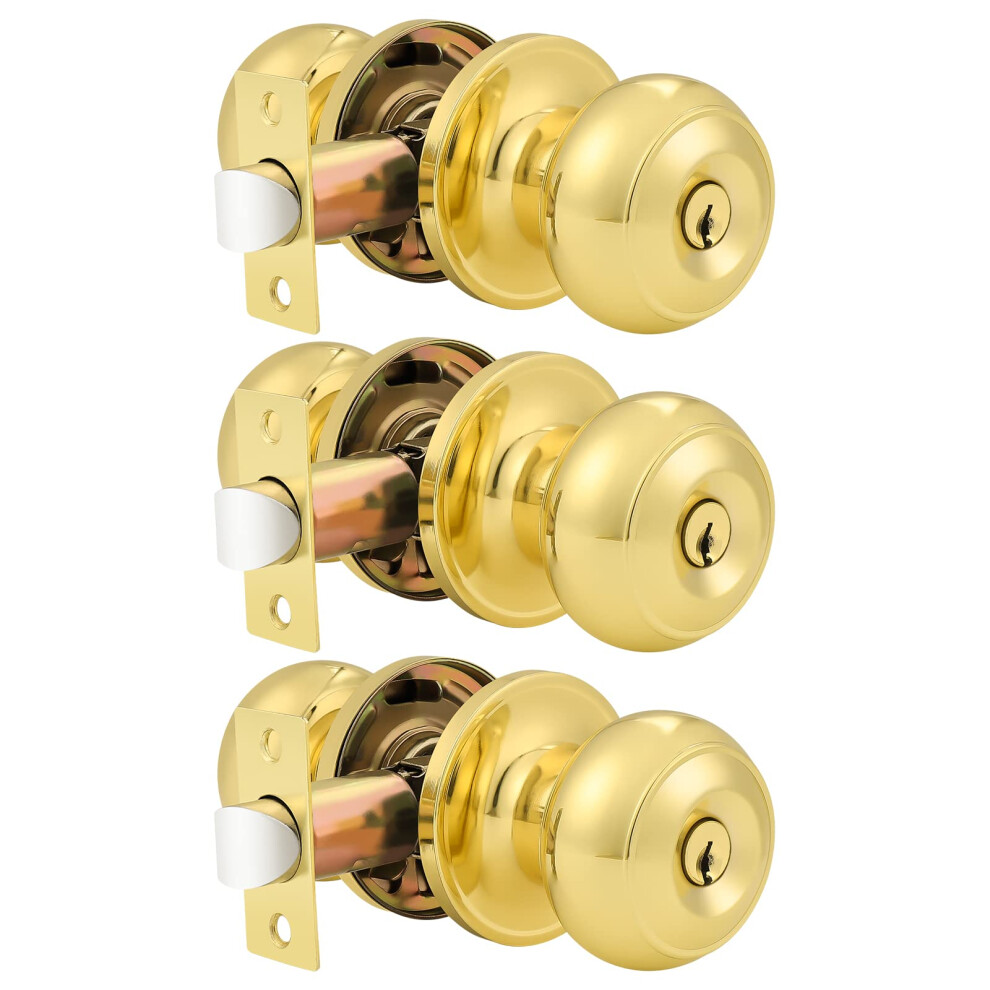 Probrico Entrance Door Knobs Door Lock Keyed Alike Lockset Polished Brass Same Key Round Ball Entry Door Knobs Pack Of 3 716955853973