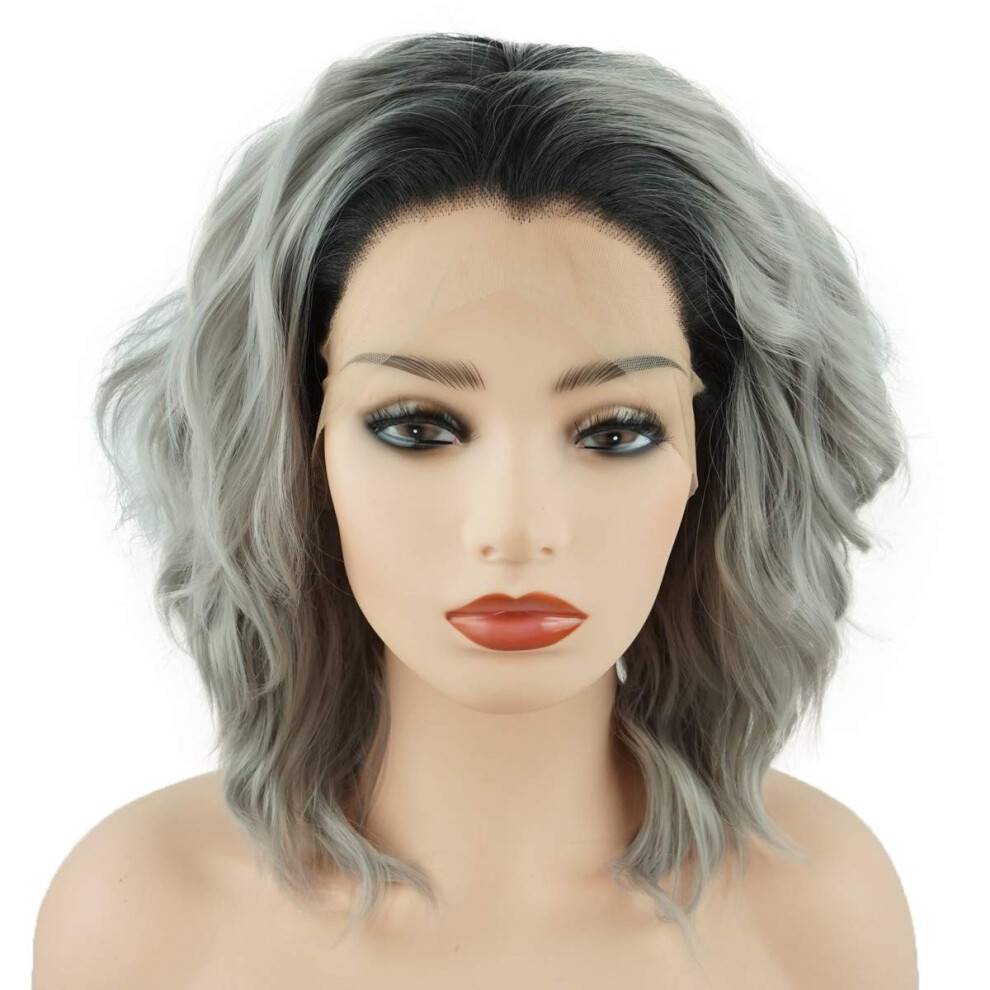 Meiyite Unisex Dark/Gray Hair Curly Short 14Inch Root Ombre Heavy Density Realistic Synthetic Lace Front Wigs