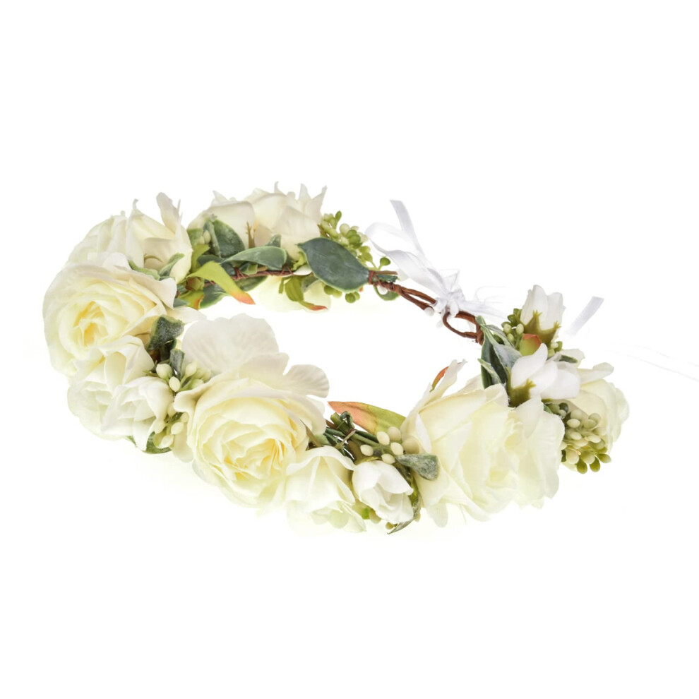 Bandeau floral d'  t   porte-bonheur pour mari  e, couronne florale boh  me, accessoire photo (rose blanc)