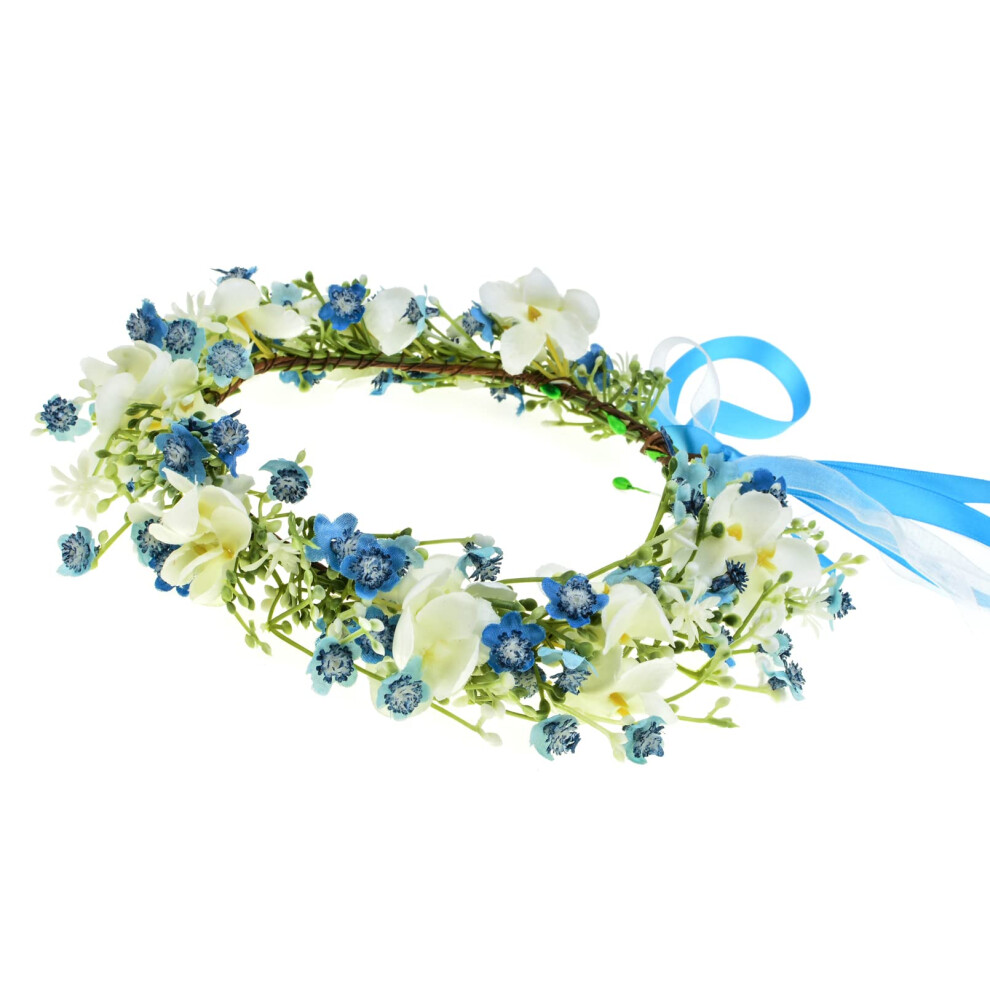 Lucky Summer Unisex Blue Floral Headpiece Bridal Flower Headband Boho Floral Crown Photo Prop (Sakura )