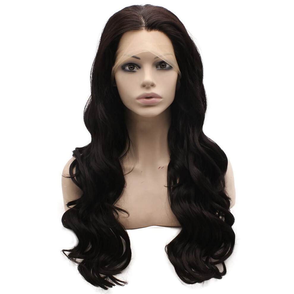 Peluca Sint Tica Mxangel Larga Ondulada Color Casta O Oscuro Resistente Al Calor Con Encaje Frontal Natural-image