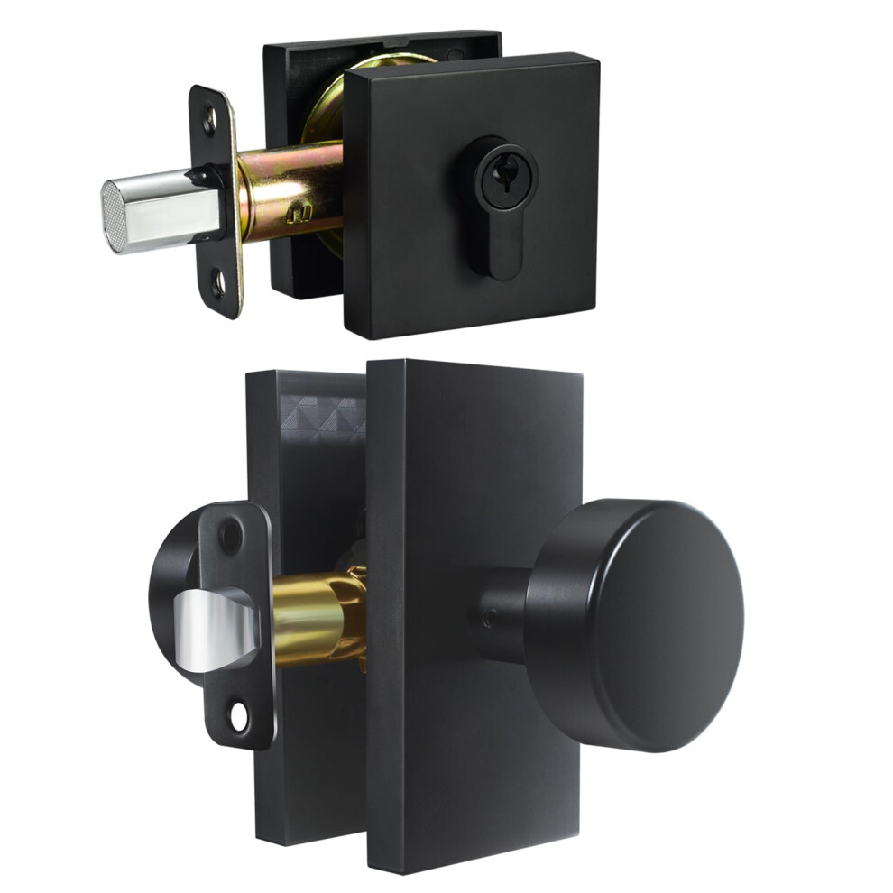 Hiemey Matte Black Door Knob With Single Cylinder Deadbolt Lock Set 658359054092