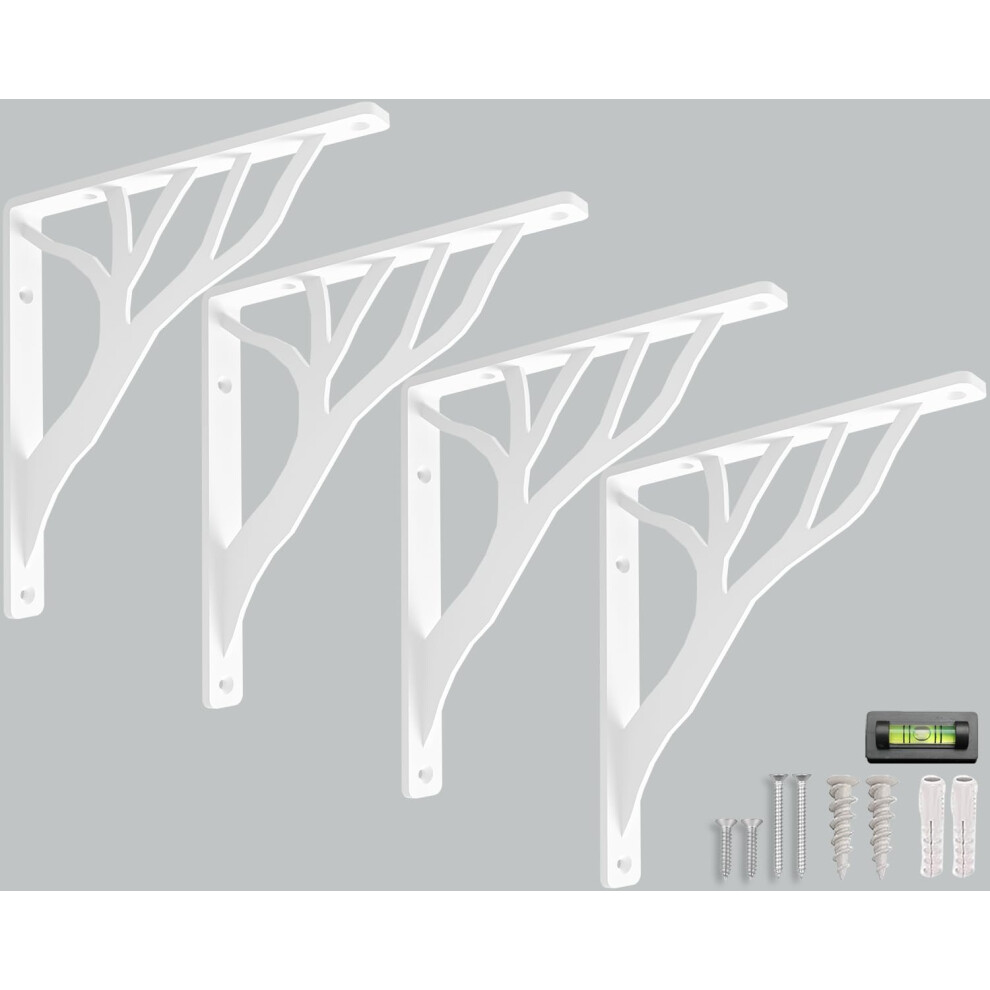 Rustic Tree Shelf L Brackets By Balin Designs (White) For 6 Inch - 8 Inch Shelves - Heavy-Duty Decorative Metal Mantel Bracket Supports - Easy Install 5065017190453