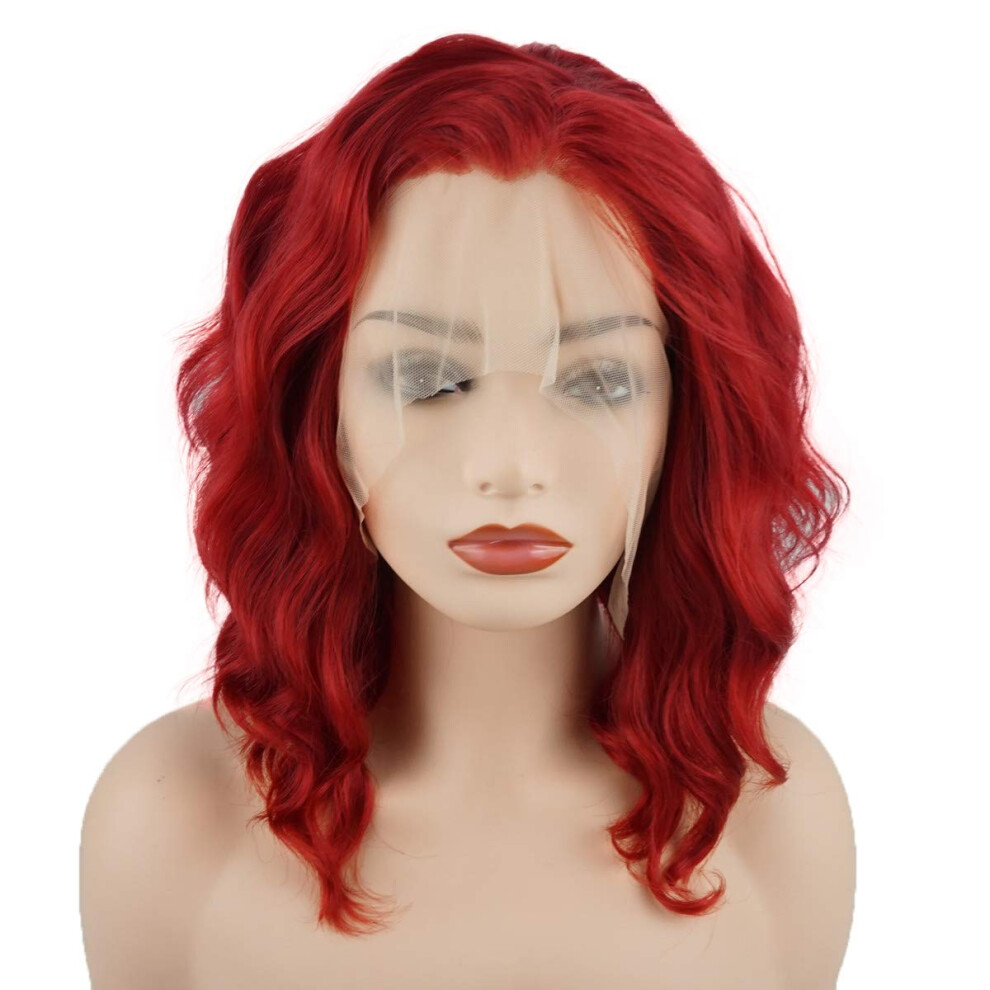 Meiyite Unisex Red Hair Curly Short 14Inch Heavy Density Realistic Synthetic Lace Front Wigs